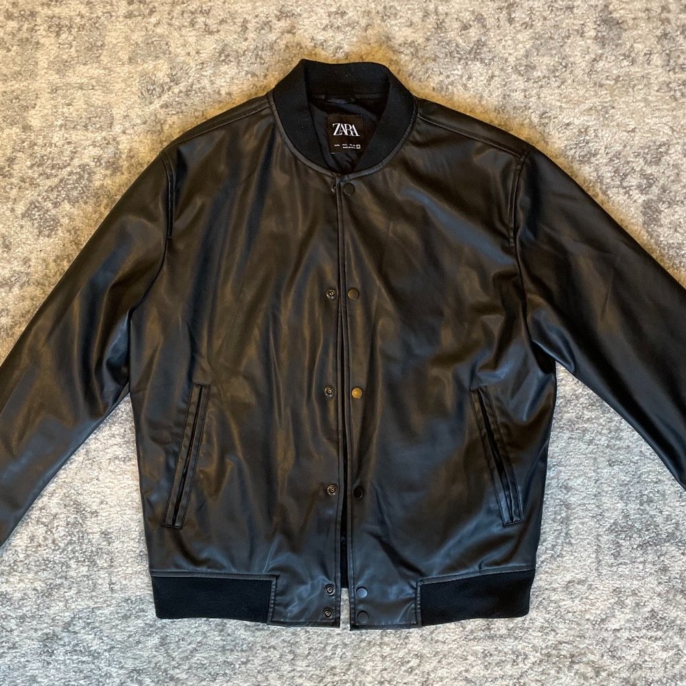 Zara Mens Black Faux-Leather Bomber, size Large